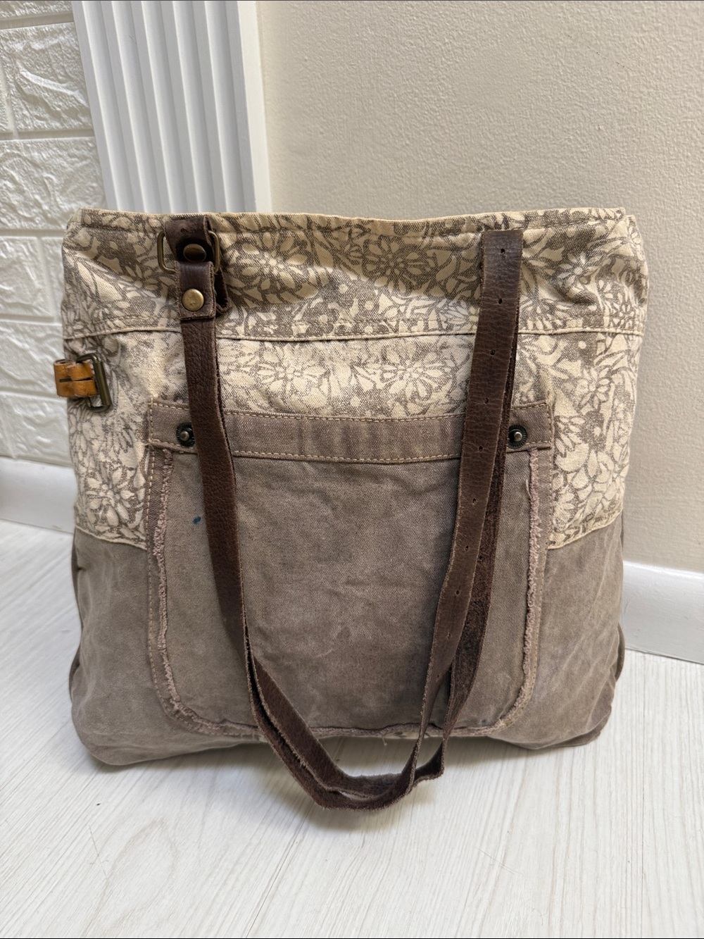 Neutral Floral Canvas Zip Tote Bag with Brown Leather Straps
